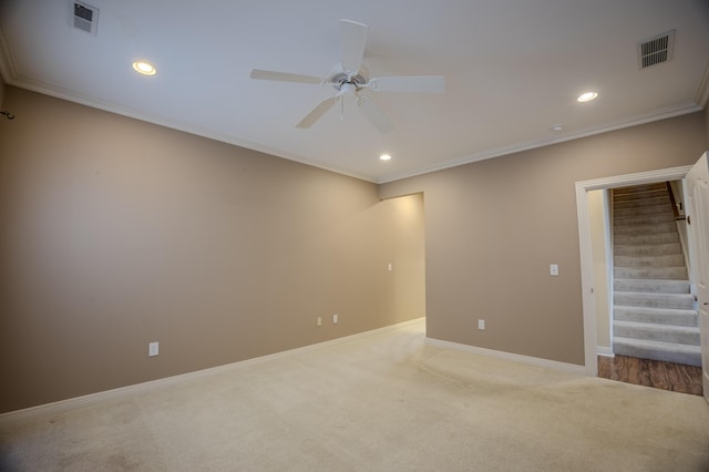 unfurnished room featuring stairs, recessed lighting, a ceiling fan, and visible vents