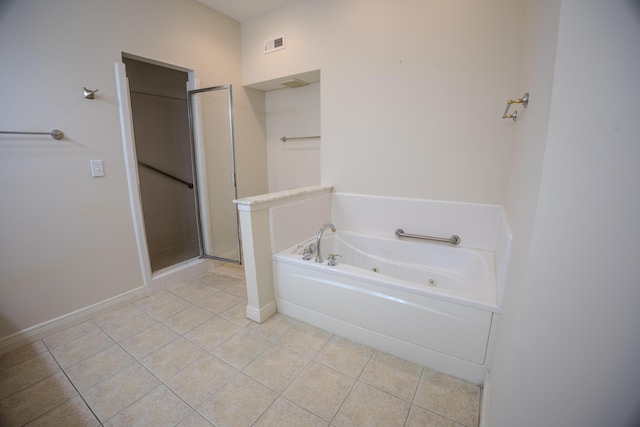 full bath with tile patterned floors, visible vents, a shower stall, baseboards, and a whirlpool tub