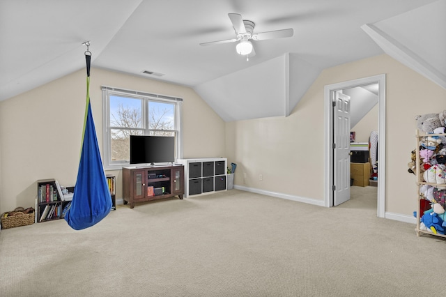 recreation room featuring baseboards, a ceiling fan, lofted ceiling, and carpet flooring