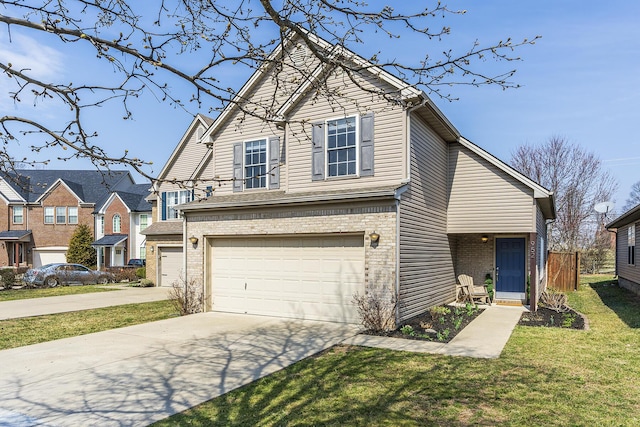 traditional-style home featuring a front yard, brick siding, an attached garage, and driveway