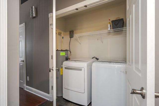 clothes washing area featuring laundry area, washing machine and dryer, and electric water heater