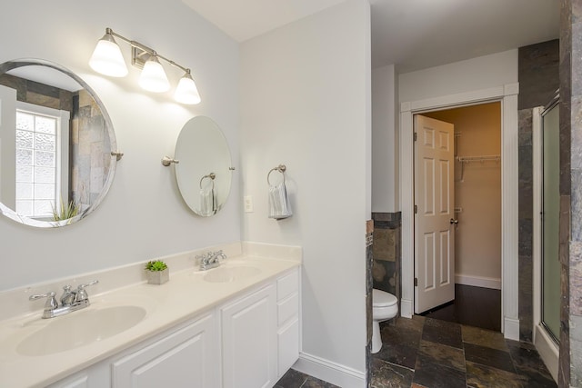 bathroom featuring double vanity, a shower stall, toilet, and a sink