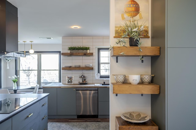 kitchen with open shelves, island exhaust hood, dishwasher, black electric stovetop, and backsplash