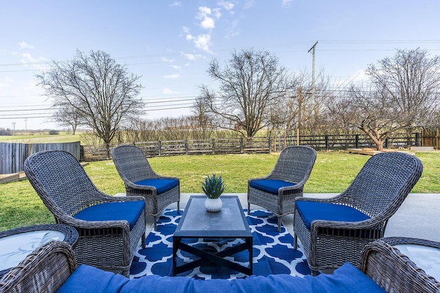 view of patio featuring an outdoor living space and a fenced backyard