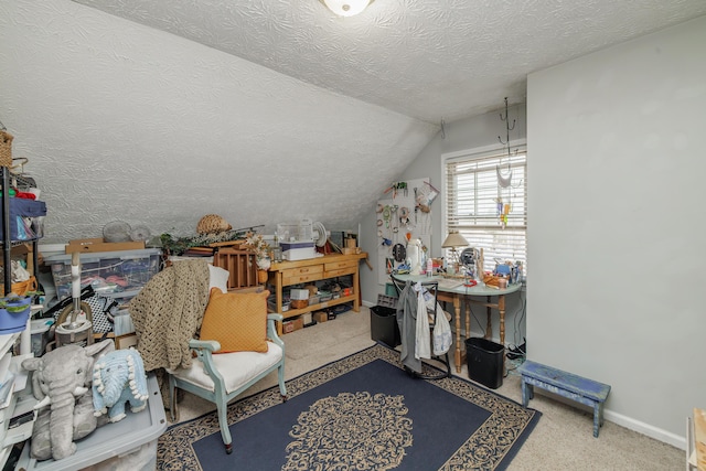 bonus room featuring vaulted ceiling, baseboards, carpet floors, and a textured ceiling