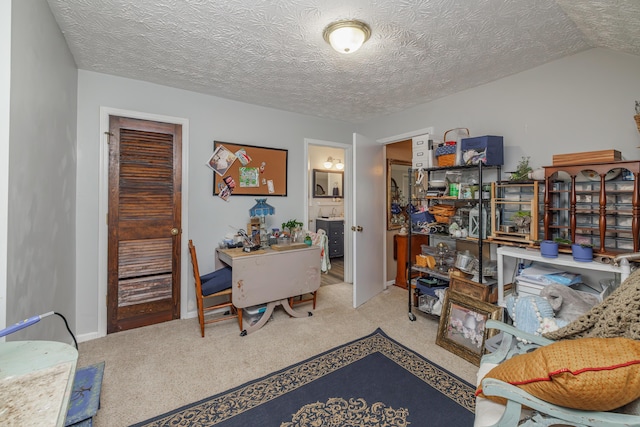 carpeted office featuring a textured ceiling and lofted ceiling