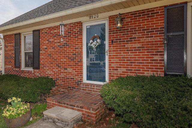 view of exterior entry with brick siding and a shingled roof