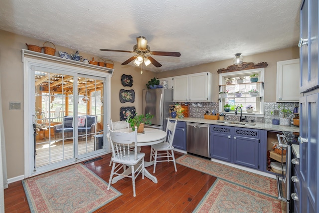 kitchen with blue cabinets, a ceiling fan, a sink, dark wood finished floors, and appliances with stainless steel finishes