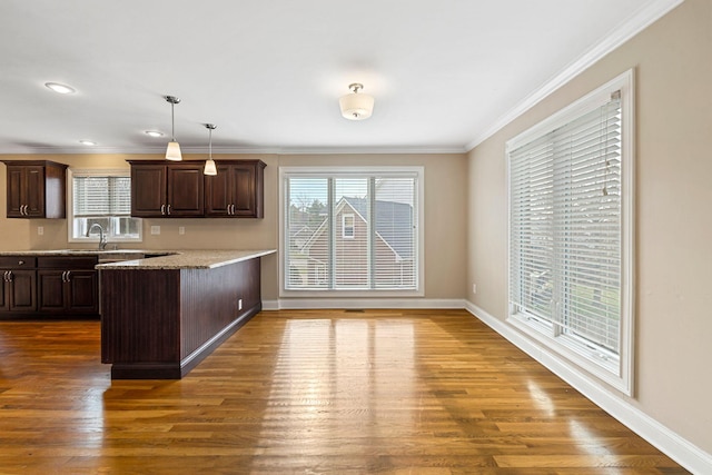 kitchen with dark brown cabinetry, a peninsula, ornamental molding, and dark wood-style flooring