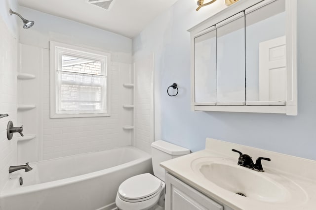 bathroom with visible vents, toilet, vanity, and shower / bathing tub combination