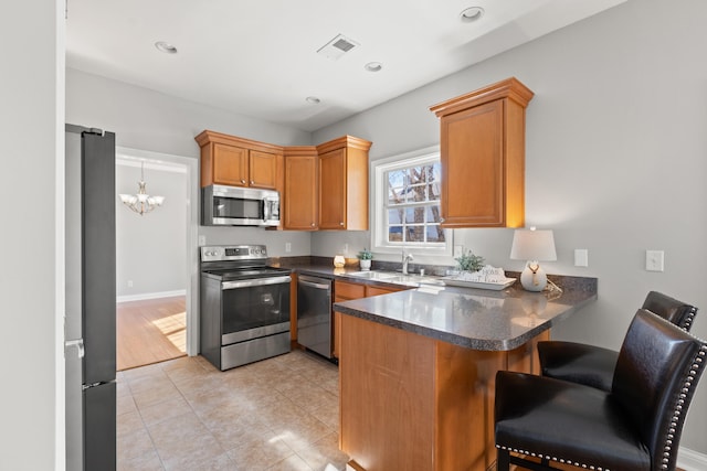 kitchen with a peninsula, dark countertops, visible vents, stainless steel appliances, and a sink