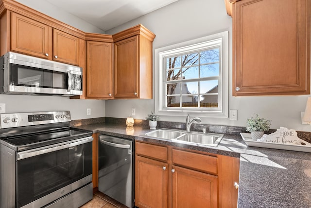 kitchen featuring stainless steel appliances, brown cabinets, a sink, and dark countertops