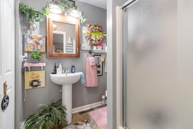 full bathroom featuring tile patterned floors, visible vents, baseboards, and a shower stall