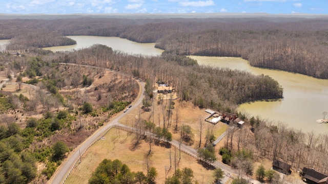 bird's eye view featuring a rural view, a view of trees, and a water view