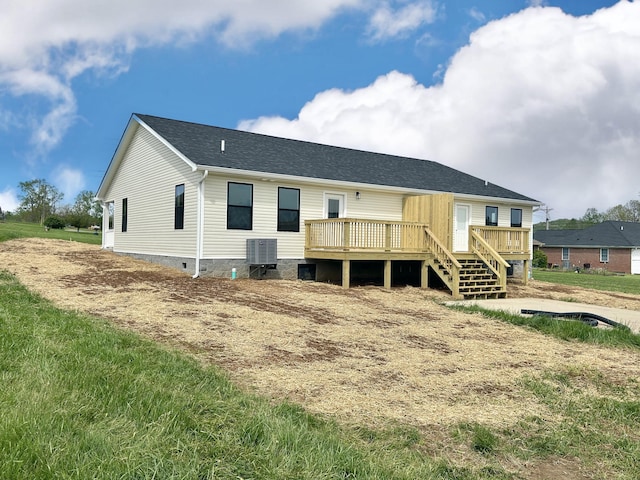 1403 Kit Cowan Rd, Somerset, KY 42503 - back of property with stairway, a shingled roof, a wooden deck, central AC unit, and crawl space