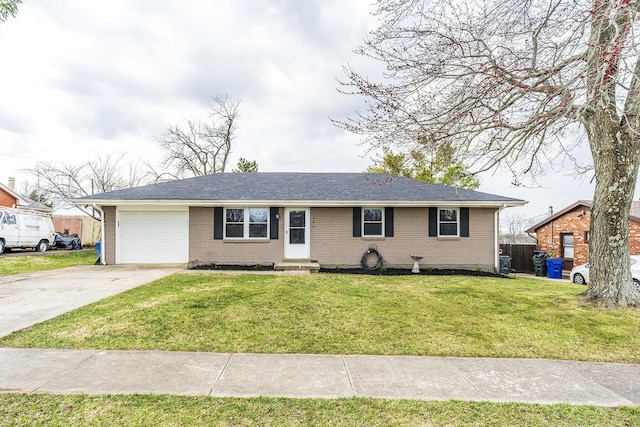 ranch-style house featuring brick siding, an attached garage, driveway, and a front lawn