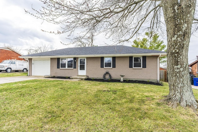 ranch-style house featuring concrete driveway, an attached garage, brick siding, and a front yard