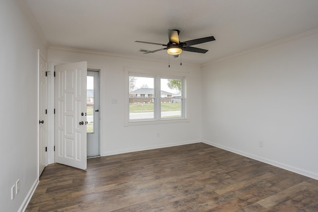 foyer entrance featuring baseboards, crown molding, ceiling fan, and dark wood-style flooring