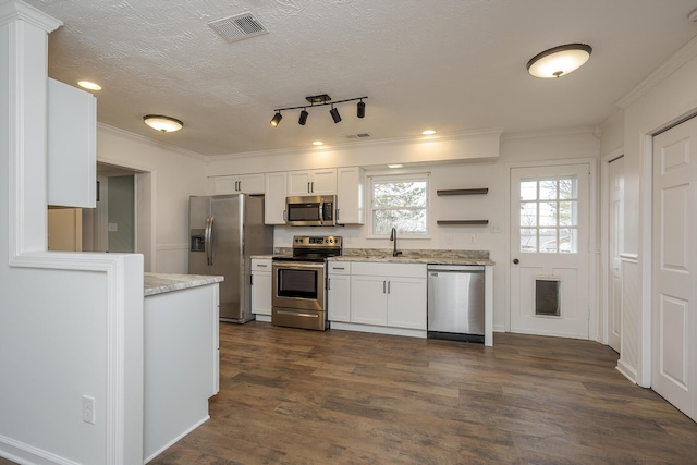 kitchen featuring visible vents, dark wood finished floors, a sink, ornamental molding, and stainless steel appliances