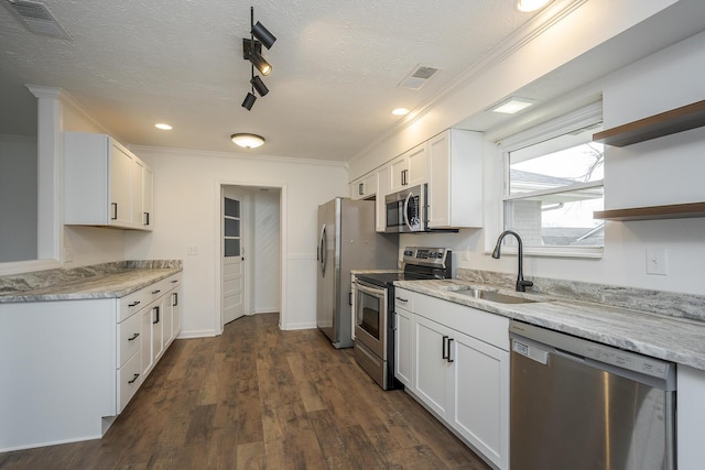 kitchen featuring visible vents, a sink, dark wood-type flooring, stainless steel appliances, and open shelves