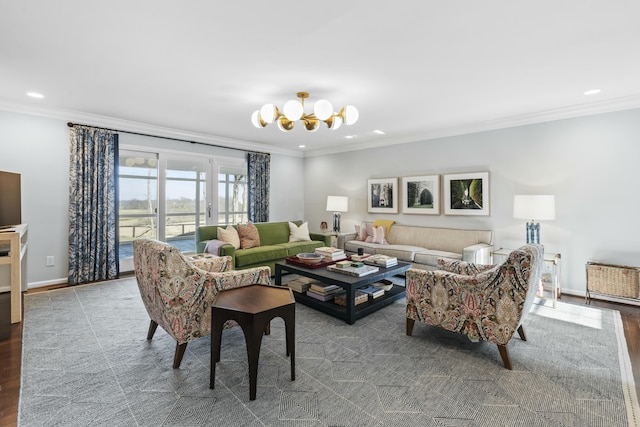 living room featuring crown molding, recessed lighting, baseboards, and a chandelier