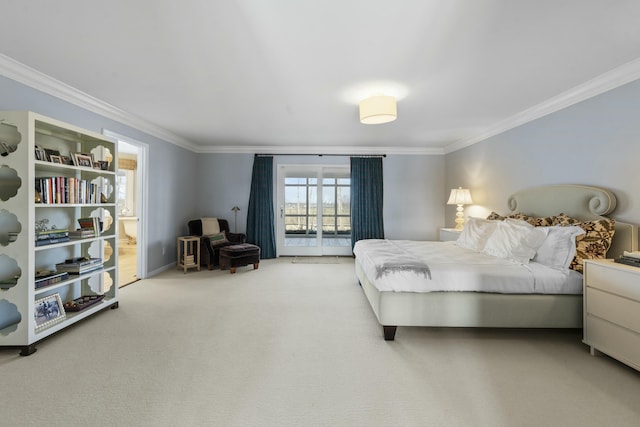 carpeted bedroom with baseboards and ornamental molding