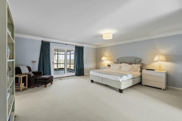 bedroom with access to exterior, crown molding, light colored carpet, and baseboards