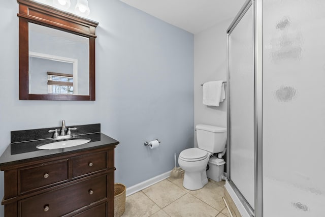 bathroom with tile patterned flooring, a shower stall, toilet, and vanity