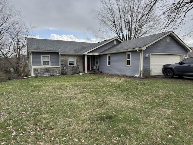 110 Silvercreek Dr, Danville, KY 40422 - ranch-style house with a front yard, a shingled roof, stone siding, and a garage
