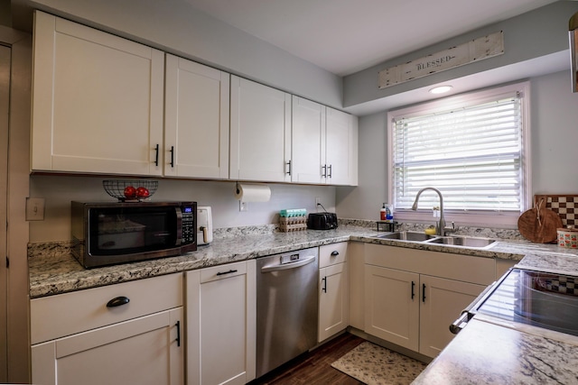212 Williamsburg Ct, Danville, KY 40422 - kitchen with range with electric cooktop, dishwasher, a sink, white cabinets, and dark wood-type flooring