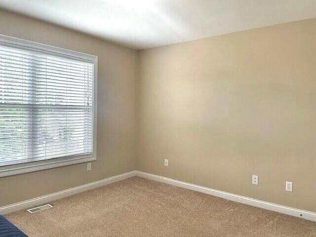 unfurnished room featuring plenty of natural light, baseboards, visible vents, and light carpet