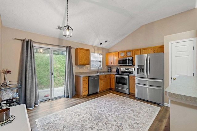 kitchen with lofted ceiling, a sink, dark wood-type flooring, appliances with stainless steel finishes, and pendant lighting