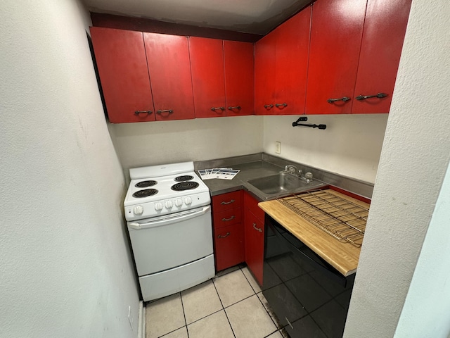 kitchen featuring white electric range, a sink, red cabinets, light tile patterned floors, and dishwasher