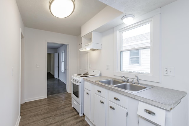 416 Ash St, Lexington, KY 40508 - kitchen featuring a sink, dark wood-style floors, white electric range oven, white cabinetry, and light countertops