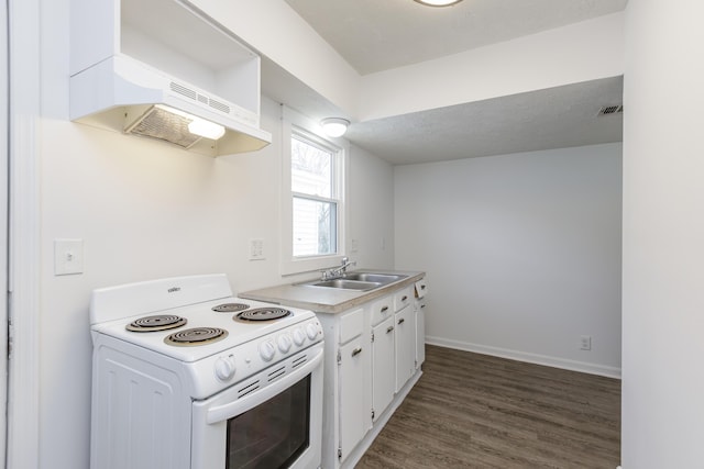 416 Ash St, Lexington, KY 40508 - kitchen featuring under cabinet range hood, a sink, dark wood finished floors, white electric stove, and white cabinets