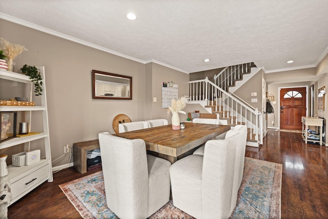 dining area with crown molding, baseboards, stairs, recessed lighting, and wood-type flooring