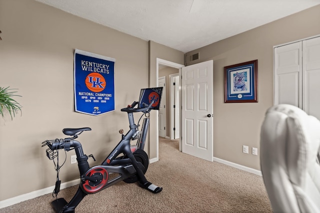 workout area featuring baseboards, carpet floors, and visible vents