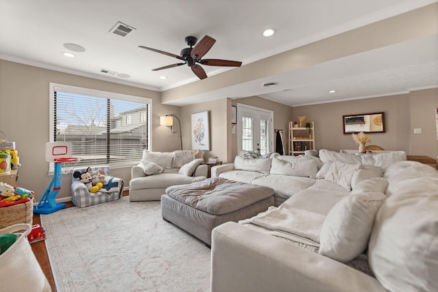 living room with recessed lighting, ornamental molding, ceiling fan, and visible vents