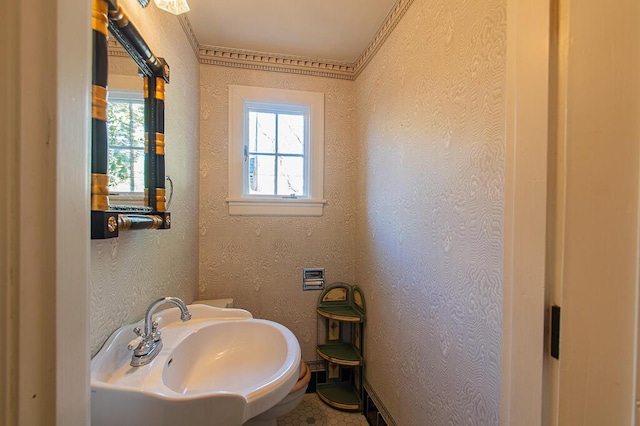 half bathroom featuring plenty of natural light, a textured wall, and a sink