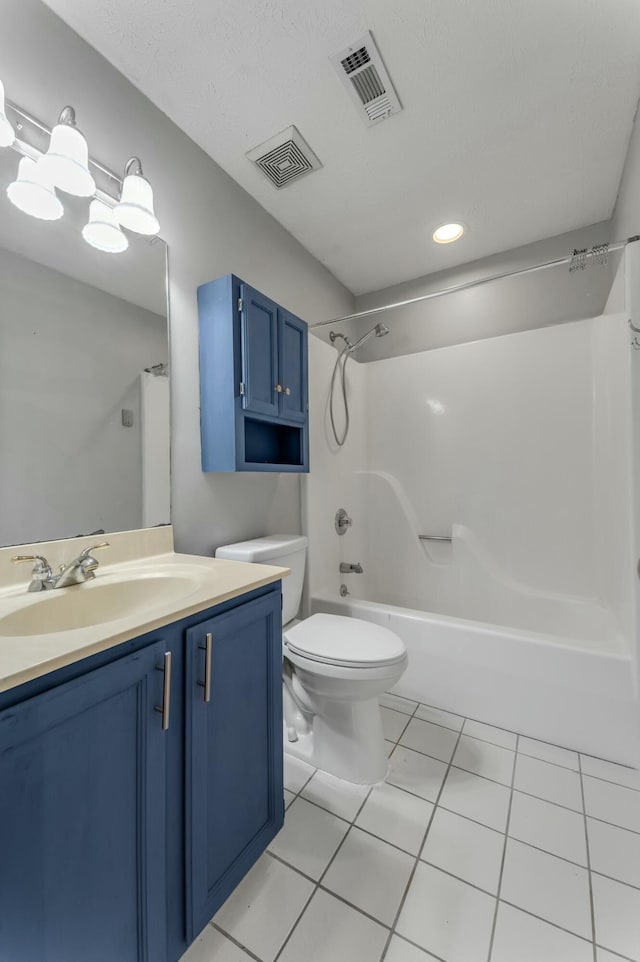 bathroom with tile patterned floors, visible vents, toilet, and  shower combination