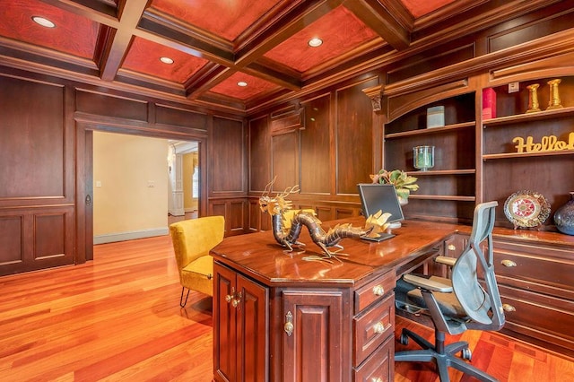 2208 Terranova Ct, Lexington, KY 40513 - home office featuring beamed ceiling, light wood-style flooring, ornamental molding, coffered ceiling, and wooden walls
