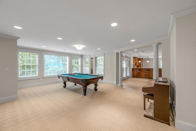 2208 Terranova Ct, Lexington, KY 40513 - rec room with recessed lighting, baseboards, billiards, and crown molding