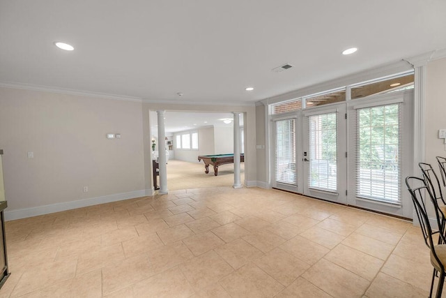 2208 Terranova Ct, Lexington, KY 40513 - empty room featuring a wealth of natural light, ornamental molding, billiards, french doors, and ornate columns