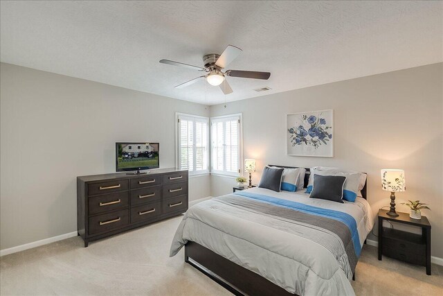 424 Amberley Dr, Lexington, KY 40515 - bedroom with a ceiling fan, a textured ceiling, baseboards, light colored carpet, and visible vents