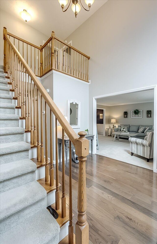 424 Amberley Dr, Lexington, KY 40515 - staircase featuring a high ceiling, a chandelier, and wood finished floors