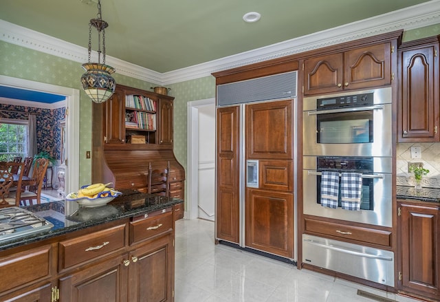 870 Mcmeekin Pl, Lexington, KY 40502 - kitchen featuring wallpapered walls, a warming drawer, stainless steel appliances, crown molding, and dark stone countertops