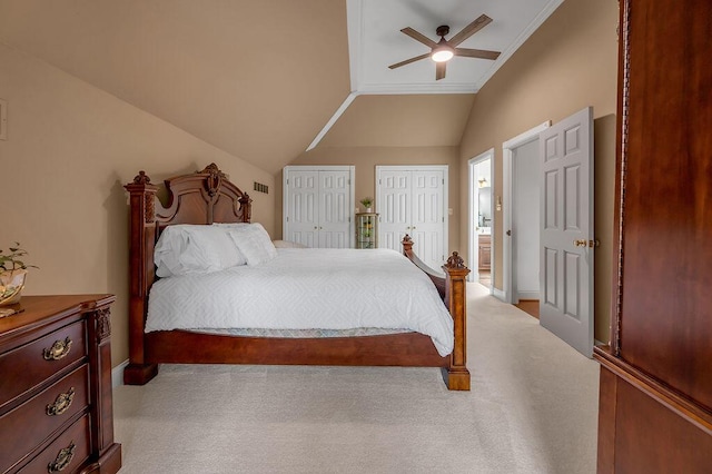 870 Mcmeekin Pl, Lexington, KY 40502 - carpeted bedroom featuring multiple closets, a ceiling fan, lofted ceiling, baseboards, and ornamental molding