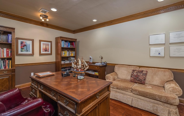 870 Mcmeekin Pl, Lexington, KY 40502 - office area featuring crown molding, dark wood-type flooring, and recessed lighting