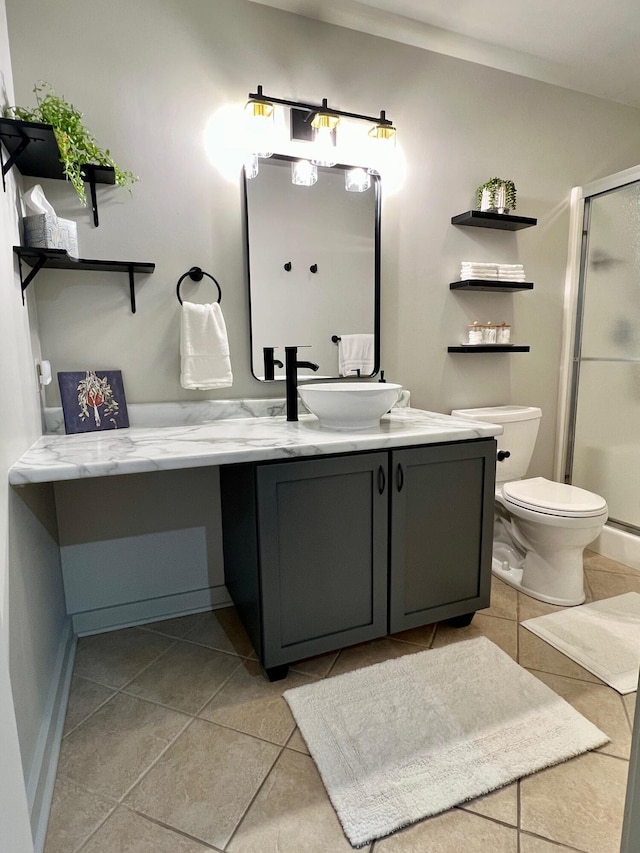 bathroom with tile patterned floors, toilet, a stall shower, and vanity