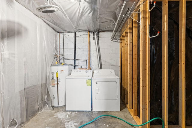 unfinished basement featuring washing machine and dryer and electric water heater